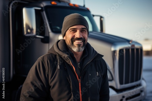 Smiling portrait of a happy middle aged caucasian male truck driver working for a trucking company © NikoG