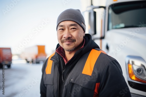 Smiling portrait of a happy middle aged asian american male truck driver working for a trucking company