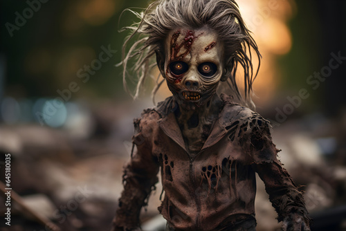 portrait of little zombie girl in city street