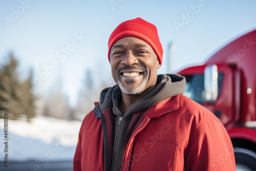 Smiling portrait of a happy middle aged african american male truck driver working for a trucking company © NikoG