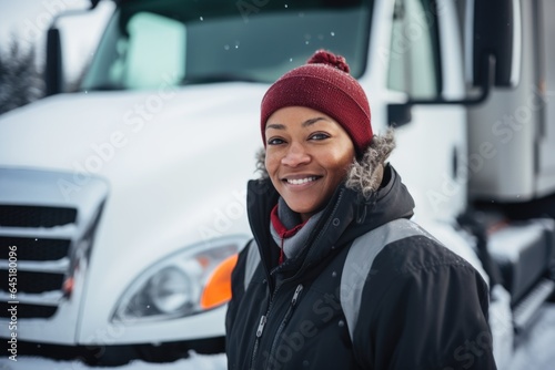 Smiling portrait of an african american female truck driver working for a trucking company © NikoG