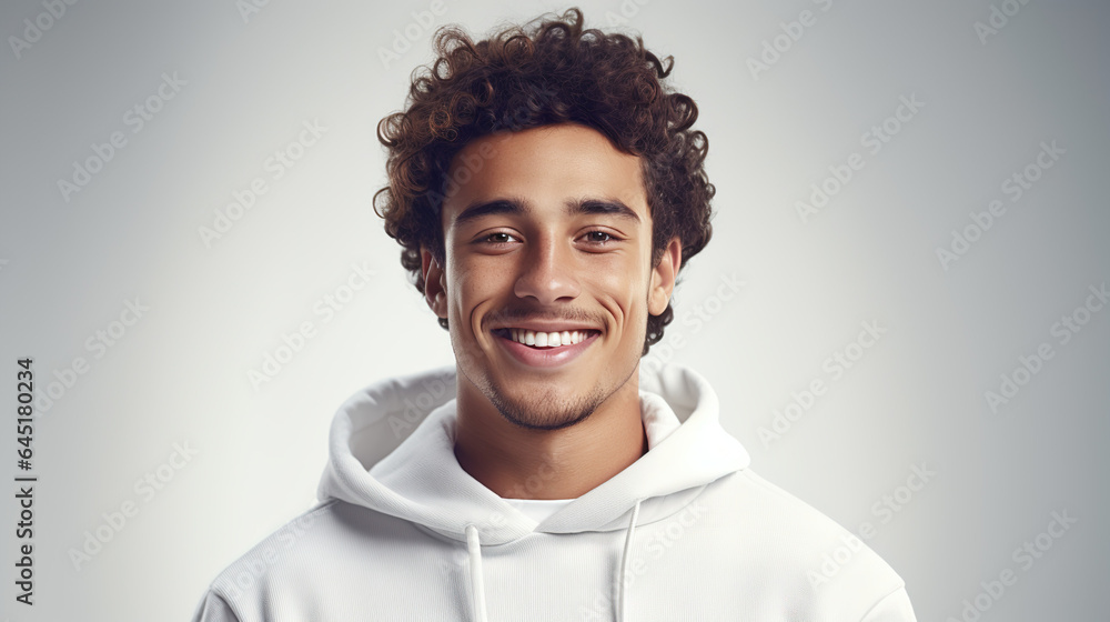 Fototapeta premium A Happy young man holding blank white banner sign, closeup isolated studio portrait natural tone