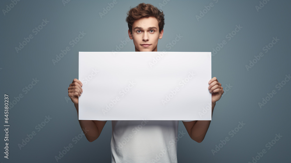 A Happy young man holding blank white banner sign, closeup isolated studio portrait natural tone A Happy young man holding blank white banner sign, closeup isolated studio portrait natural tone