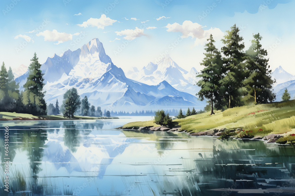 Beautiful mountain landscape with river and high mountains. Digital painting.