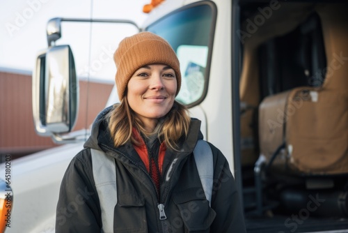 Smiling portrait of an caucasian female truck driver working for a trucking company