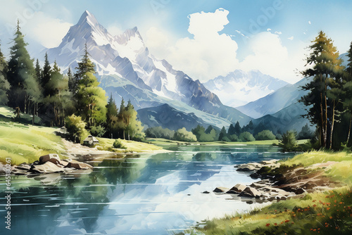 Beautiful mountain landscape with river and high mountains. Digital painting.