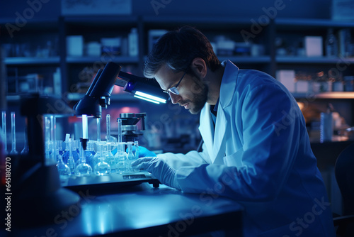 Scientist working in laboratory. Young male researcher carrying out scientific research in a lab.