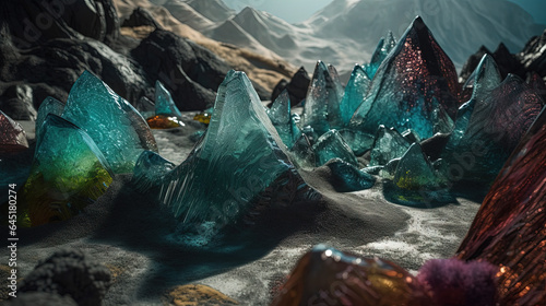 Science fiction landscape with glass mountains. Alien planet with melted glass rocks