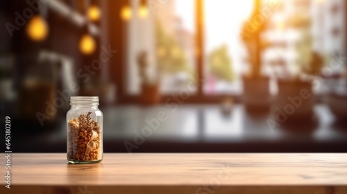 Wooden table on blurred kitchen bench background  Empty beautiful wood table top counter and blur bokeh modern kitchen interior background in clean and bright