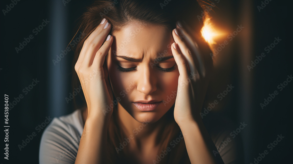 A real photo of woman with headache, hand rubbing temples A real photo of woman with headache, hand rubbing temples