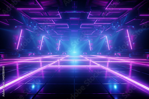 3d rendering. Futuristic interior with neon lights. Sci fi background.