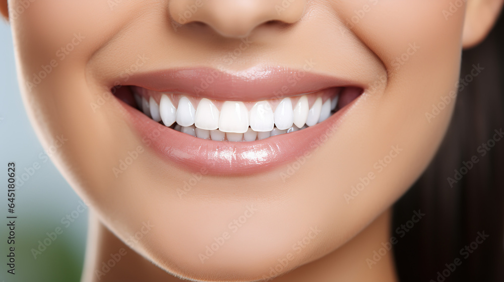 Obraz premium A close up view of young woman's mouth smiling showing teeth, beautiful healthy white teeth, bright smile with beautiful white teeth