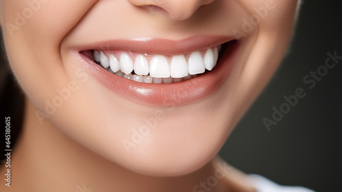A close up view of young woman s mouth smiling showing teeth  beautiful healthy white teeth  bright smile with beautiful white teeth