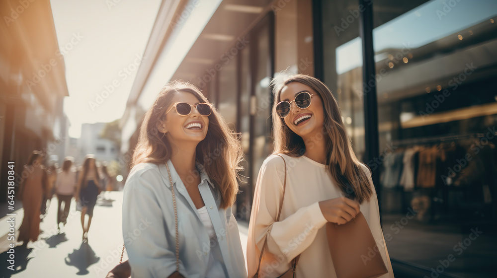 A Beautiful girls coming out of the shopping boutique with shopping bags and smiling dressed in trending outfit A Beautiful girls coming out of the shopping boutique with shopping bags and smiling dressed in trending outfit