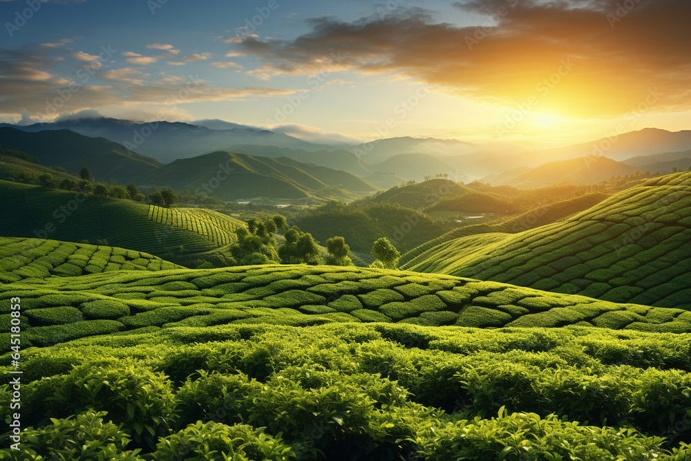 Tea Plantation at Sunrise in Munnar, Kerala, India.