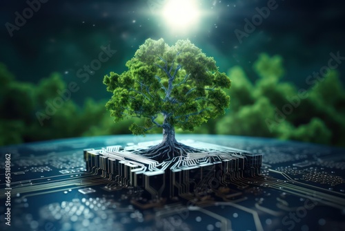 The concept of integrating AI technology for sustainability and greener Earth. Ecological, environment, conservation, futuristic, eco-conscious, global, advancement, green initiatives, smart solutions photo