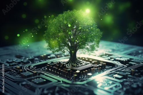 The concept of integrating AI technology for sustainability and greener Earth. Ecological, environment, conservation, futuristic, eco-conscious, global, advancement, green initiatives, smart solutions