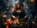 Witch in dark and mystical potion rooma, surrounded by an array of mysterious ingredients, Smoke rising, potion bottles. Halloween folklore. Banner. Generative Ai content