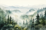Foggy mountain landscape with pine trees and birds. Digital painting