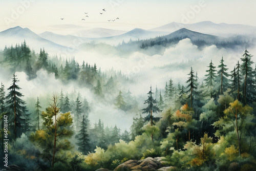 Foggy mountain landscape with pine trees and birds. Digital painting © Creative