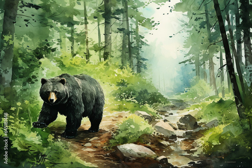 Watercolor illustration of a bear in the forest. Wild animal.
