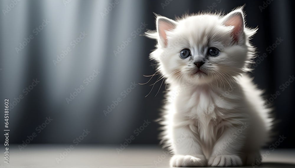 An adorable and cheerful long-haired white kitten with beautiful black eyes, radiating joy and cuteness, playfully rolling on a soft grayish-white background. - obrazy, fototapety, plakaty 