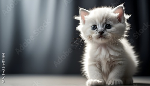 An adorable and cheerful long-haired white kitten with beautiful black eyes, radiating joy and cuteness, playfully rolling on a soft grayish-white background.