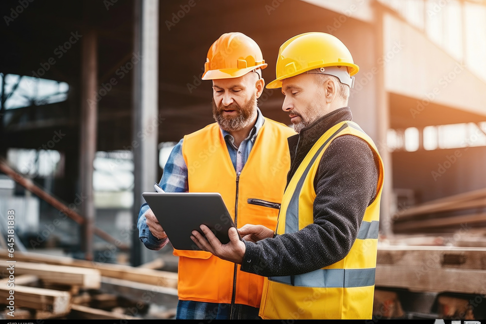 Structural engineer and foreman worker with touch pad discuss, plan working for the outdoors building construction site. real estate business concept. Generative Ai Structural engineer and foreman worker with touch pad discuss, plan working for the outdoors building construction site. real estate business concept. Generative Ai