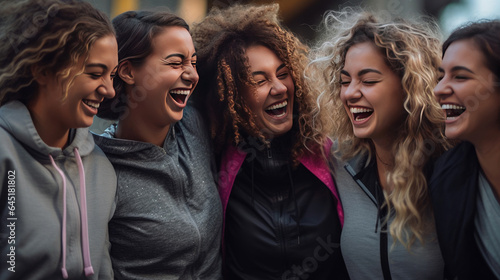 Group of young women laughing happily, dressed in sportswear. Sports, fitness and friendship. Generative Ai