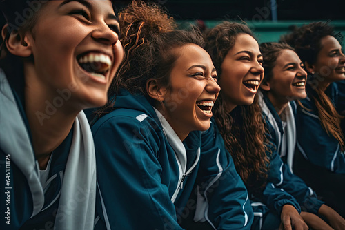 Group of young women laughing happily  dressed in sportswear. Sports  fitness and friendship. Generative Ai