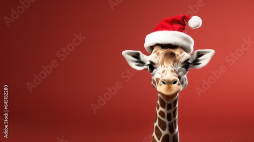 a photograph of giraffe wearing santa clause costume and hat for christmas celebration generative ai