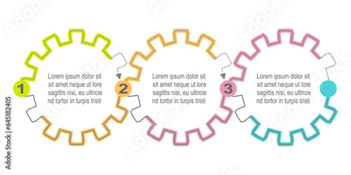 Business infographic process template design with gear icons and 3 options or steps.