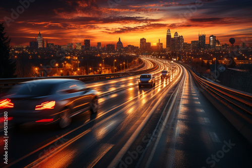 Top view of road traffic on a motorway at sunset with fast blurred on vehicle