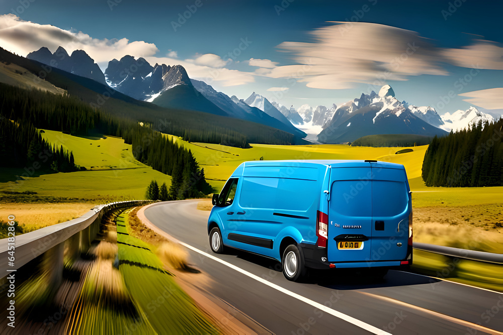 Blue van ,  truck delivery van rush by country road 