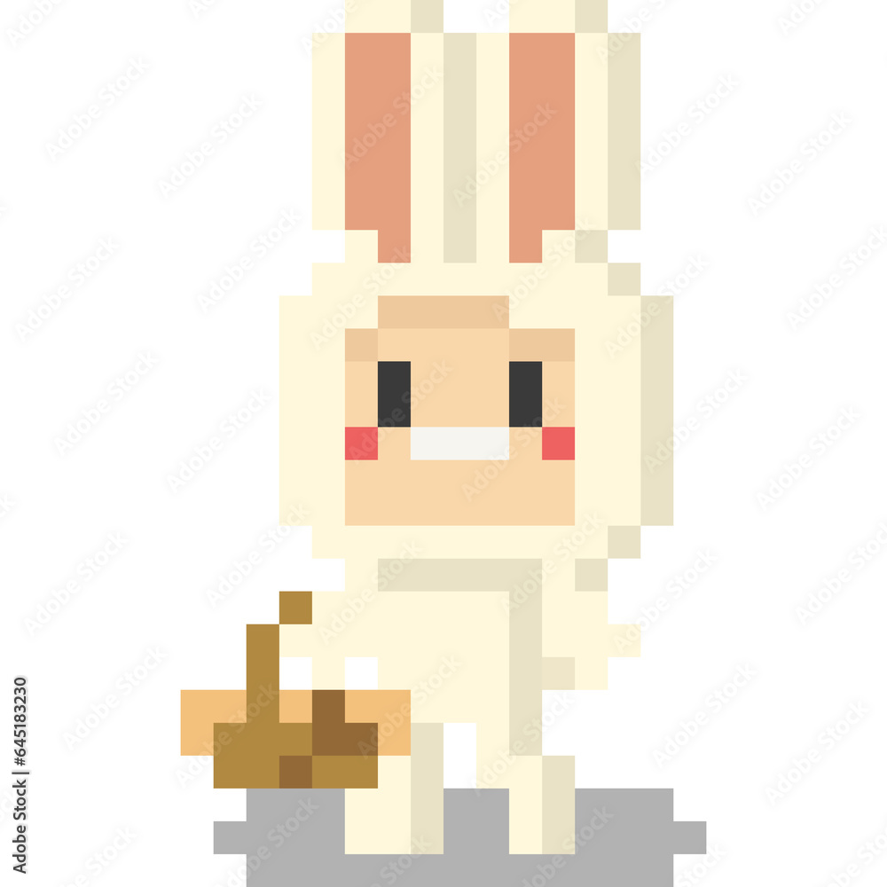 Obraz premium Pixel art kid in rabbit mascot suit with basket