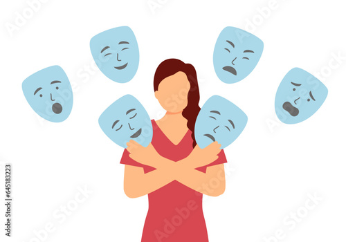 Woman with emotion masks. Faceless female hiding real feelings. Mental health and psychological problems.
