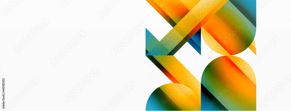 Vibrant color triangles and circles on white background intertwine to create captivating and harmoniously balanced composition for digital designs, presentations, website banners, social media posts Vibrant color triangles and circles on white background intertwine to create captivating and harmoniously balanced composition for digital designs, presentations, website banners, social media posts