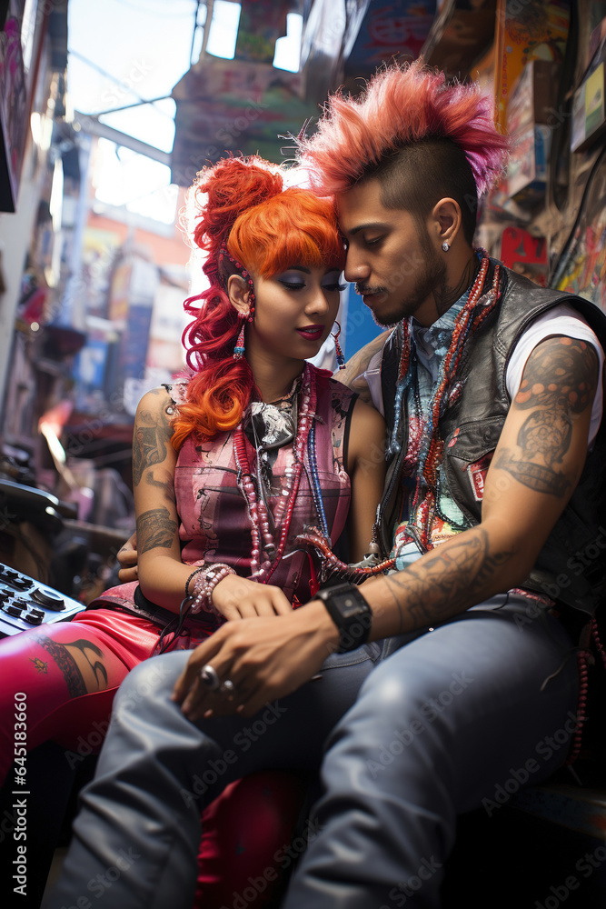 Punk style couple Sit and hug each other to feel caring. and warm with love