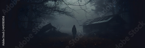 scary cabin in the woods with silhouette of person - spooky cinematic photography