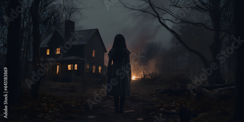 scary house in the woods with silhouette of woman - spooky cinematic photography