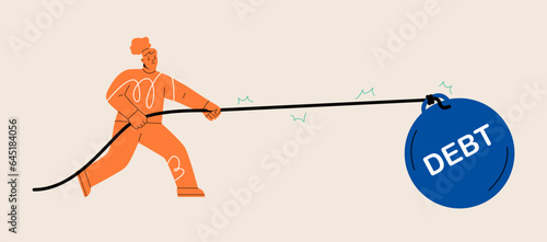 Woman with financial troubles carrying iron ball. Bankruptcy, money, crisis concept. Colorful vector illustration