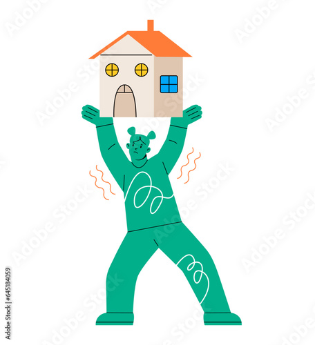 Exhausted young woman carry house on back suffer from bank mortgage or lease burden. Colorful vector illustration