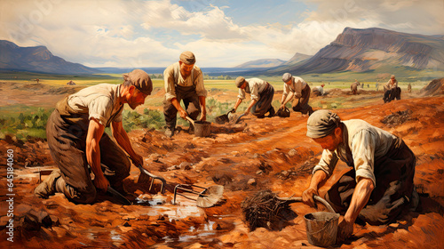 Painting of Serfs working in the fields in the 1800s photo
