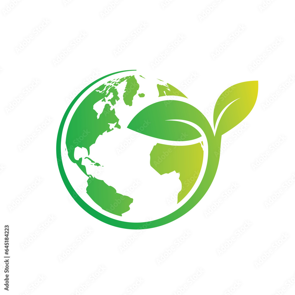 Green earth logo design with tree leaf globe vector icon design isolated white background