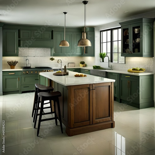 Vintage green kitchen. Green kitchen interior. Green color kitchen.AI generated