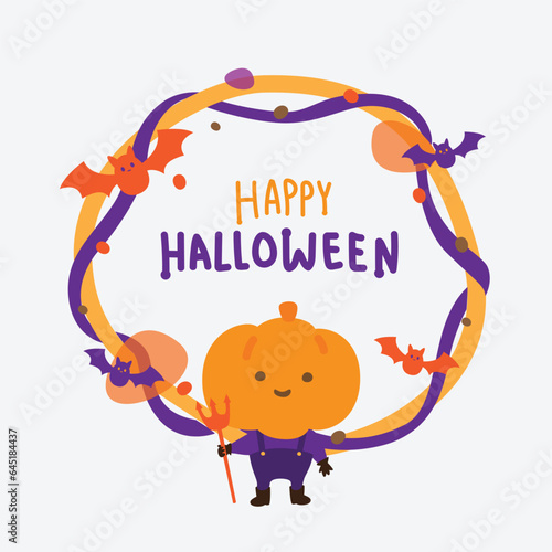 Happy Halloween text banner. Cute pumpkin character with boarder for Halloween party.