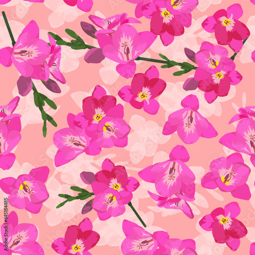 A seamless pattern of Freesia flower. vector illustration. Freesia flower background.