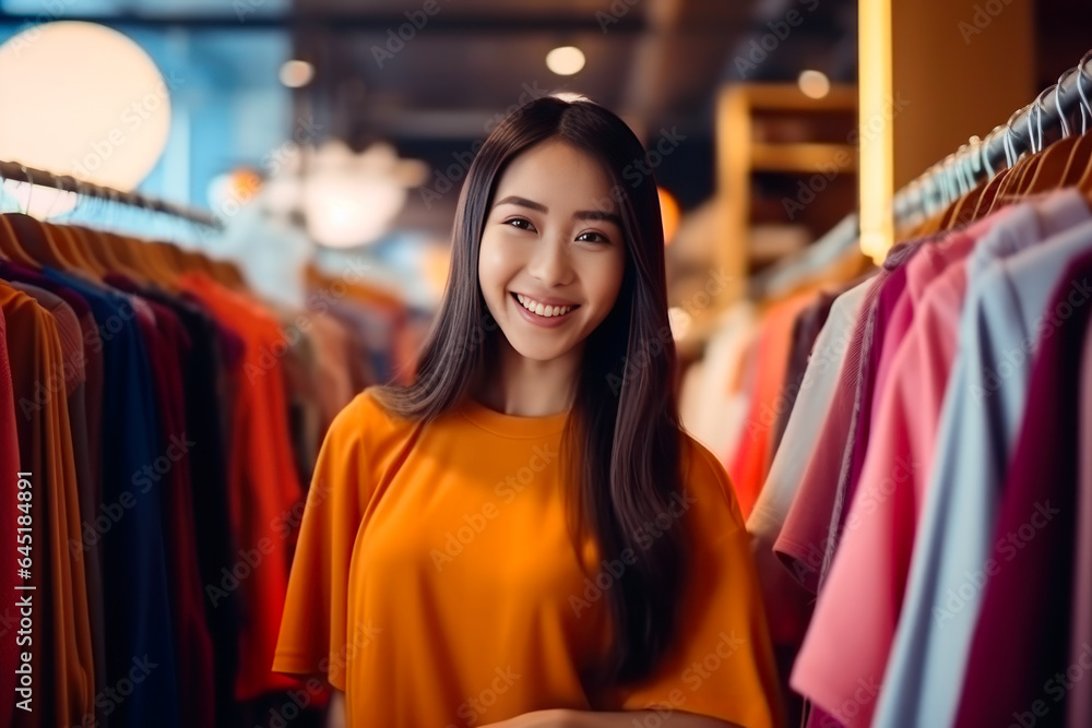 Portrait of a beautiful young asian woman in orange dress looking at camera and smiling while standing in clothing store