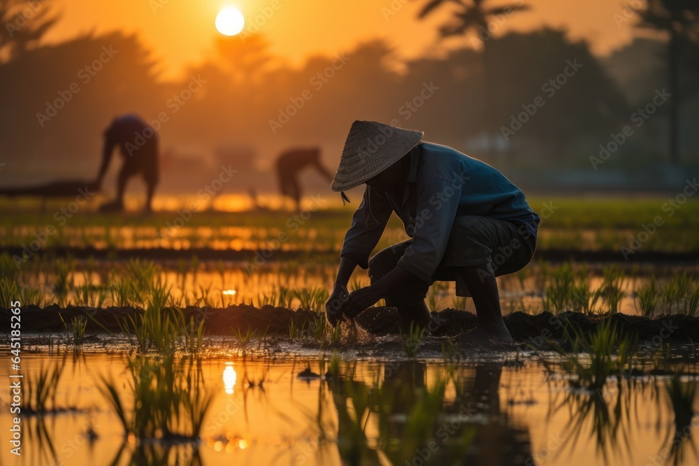 Agriculture of Asia Local Thai farmers are planting rice fields. - obrazy, fototapety, plakaty 
