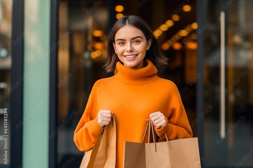 Cheerful woman in orange sweater holding shopping bags and smiling at camera